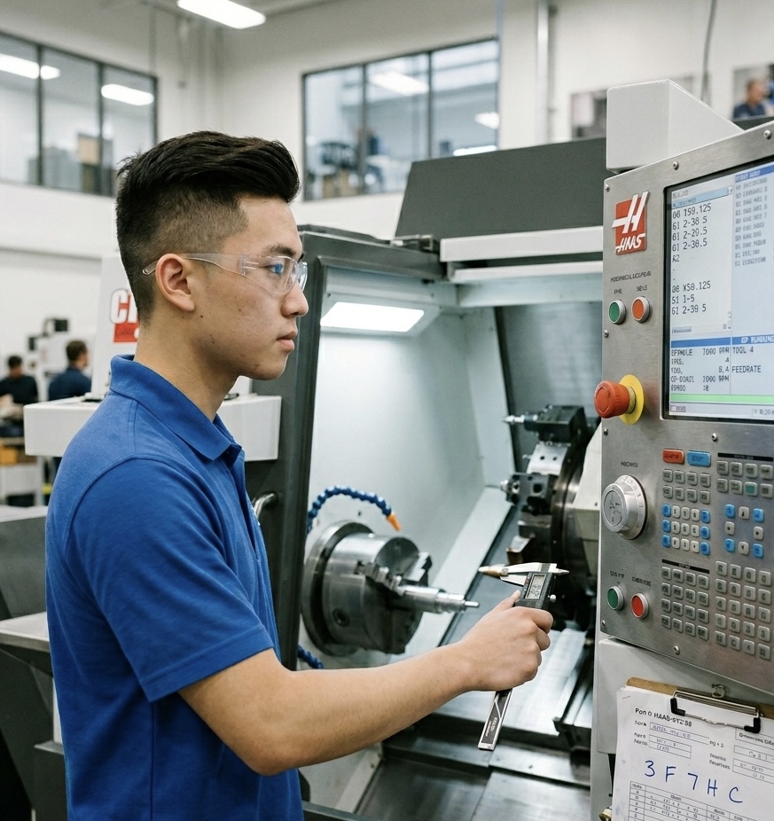 CNC operator programming a Haas lathe at a Cambridge engineering facility
